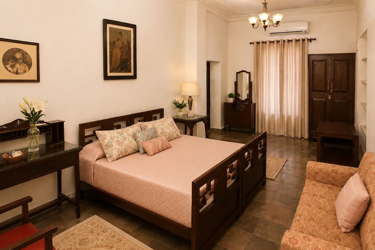 A bedroom with a bed, a desk, a chair, a dresser, a mirror, and a door.