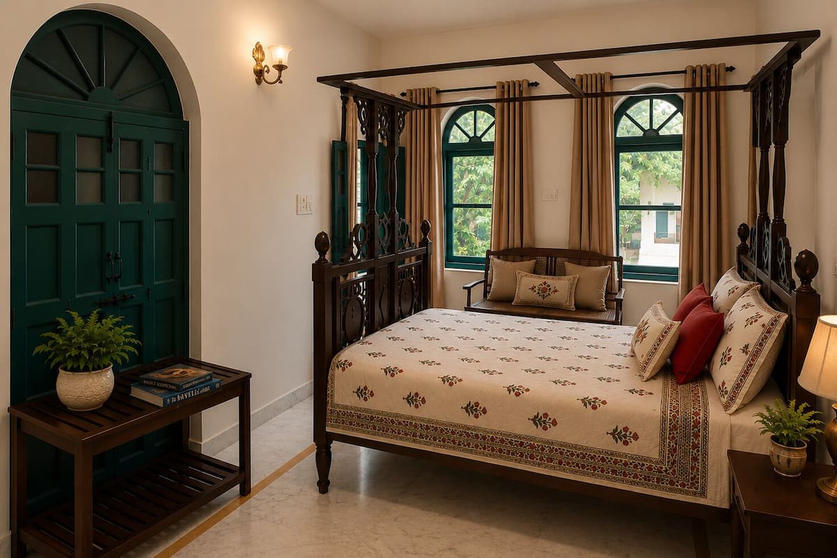 A four-poster bed with a floral bedspread, a nightstand with a lamp, a potted plant, and a green door.