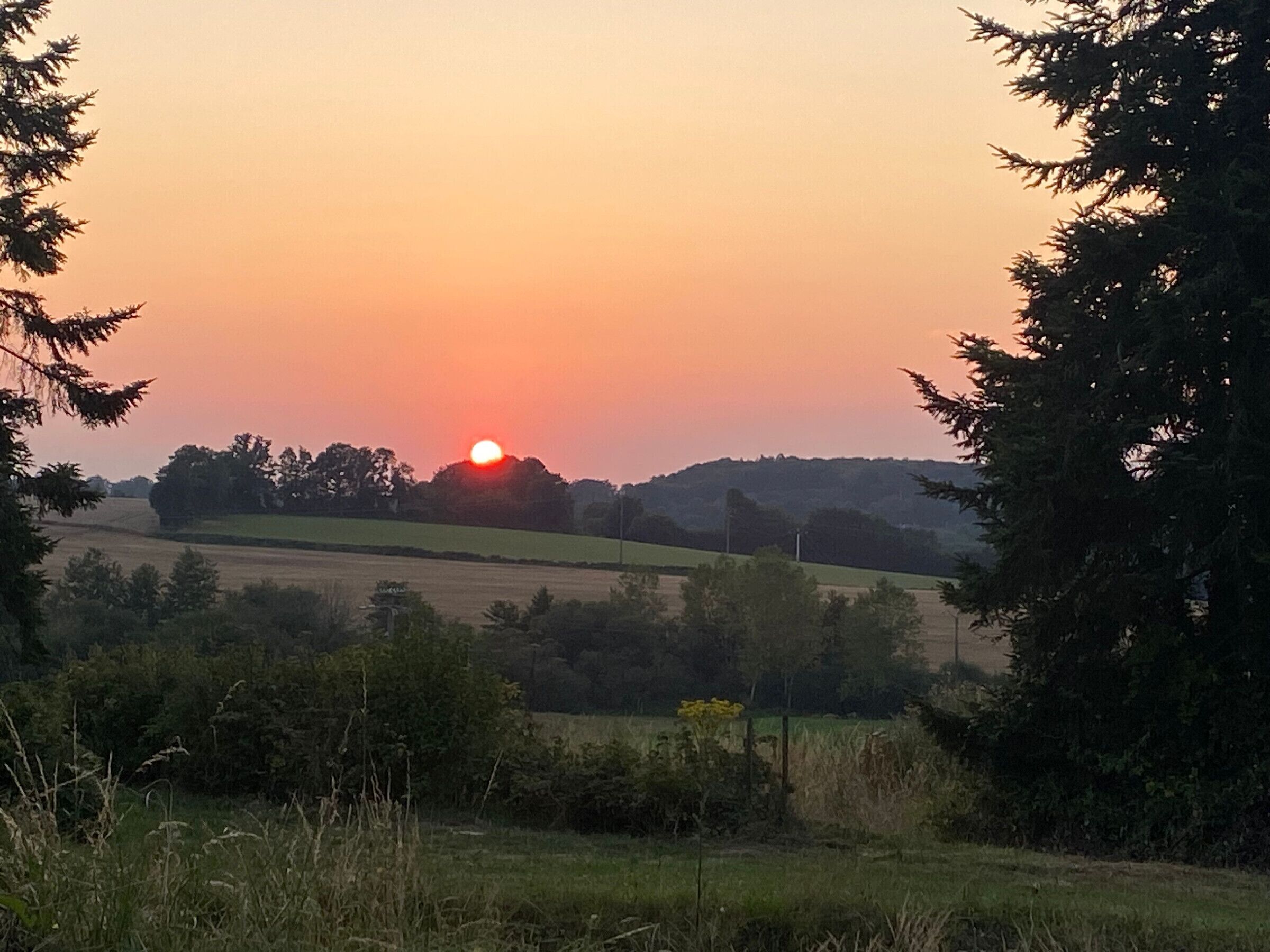 Ein Sonnenuntergang über einer ländlichen Landschaft mit Feldern und Bäumen.