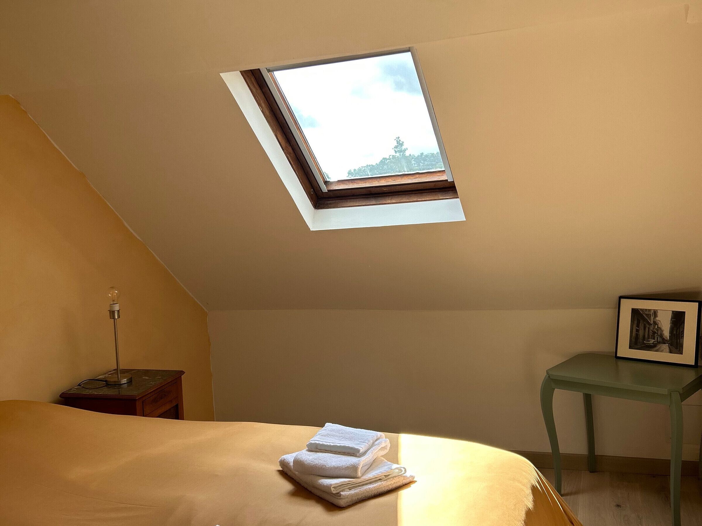 A bedroom with a skylight, a bed with a neatly folded white towel, a small bedside table with a lamp, and a framed picture on a side table.