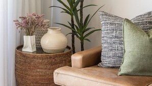 Un salon comprenant un canapé, une table basse, une plante en pot et des objets de décoration.