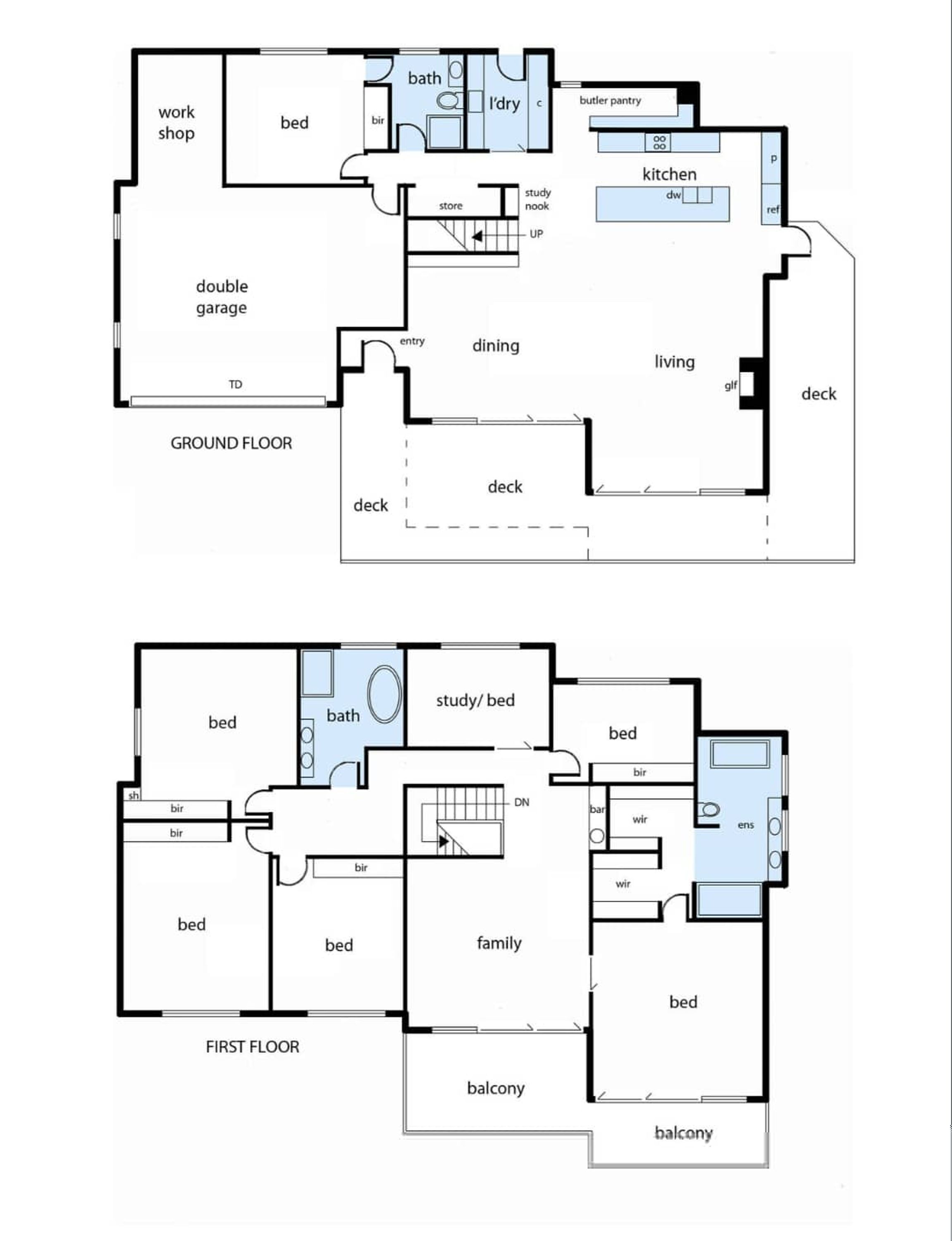 A ground floor layout with a double garage, study nook, dining area, kitchen, living room, and a balcony.