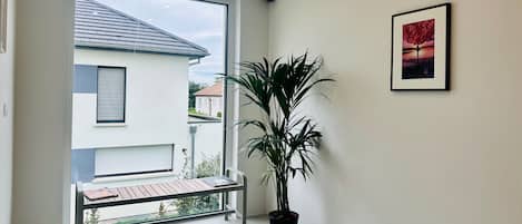 Interior moderno com uma janela grande, uma planta em vaso, um banco e um quadro pendurado na parede.