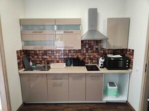 Fridge, oven, stovetop, coffee/tea maker