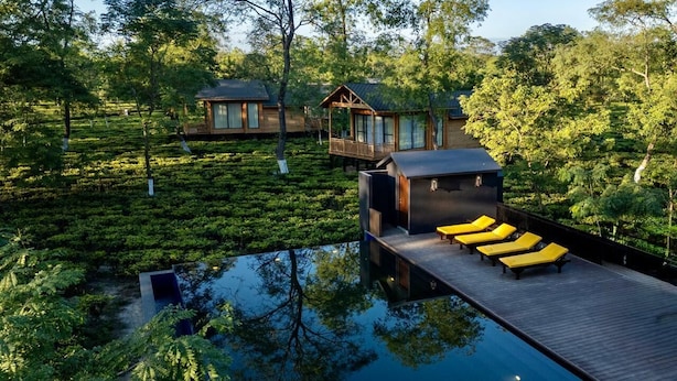 Un resort di lusso con una terrazza galleggiante e una piscina a sfioro, immerso nel verde e dotato di diverse cabine in legno.