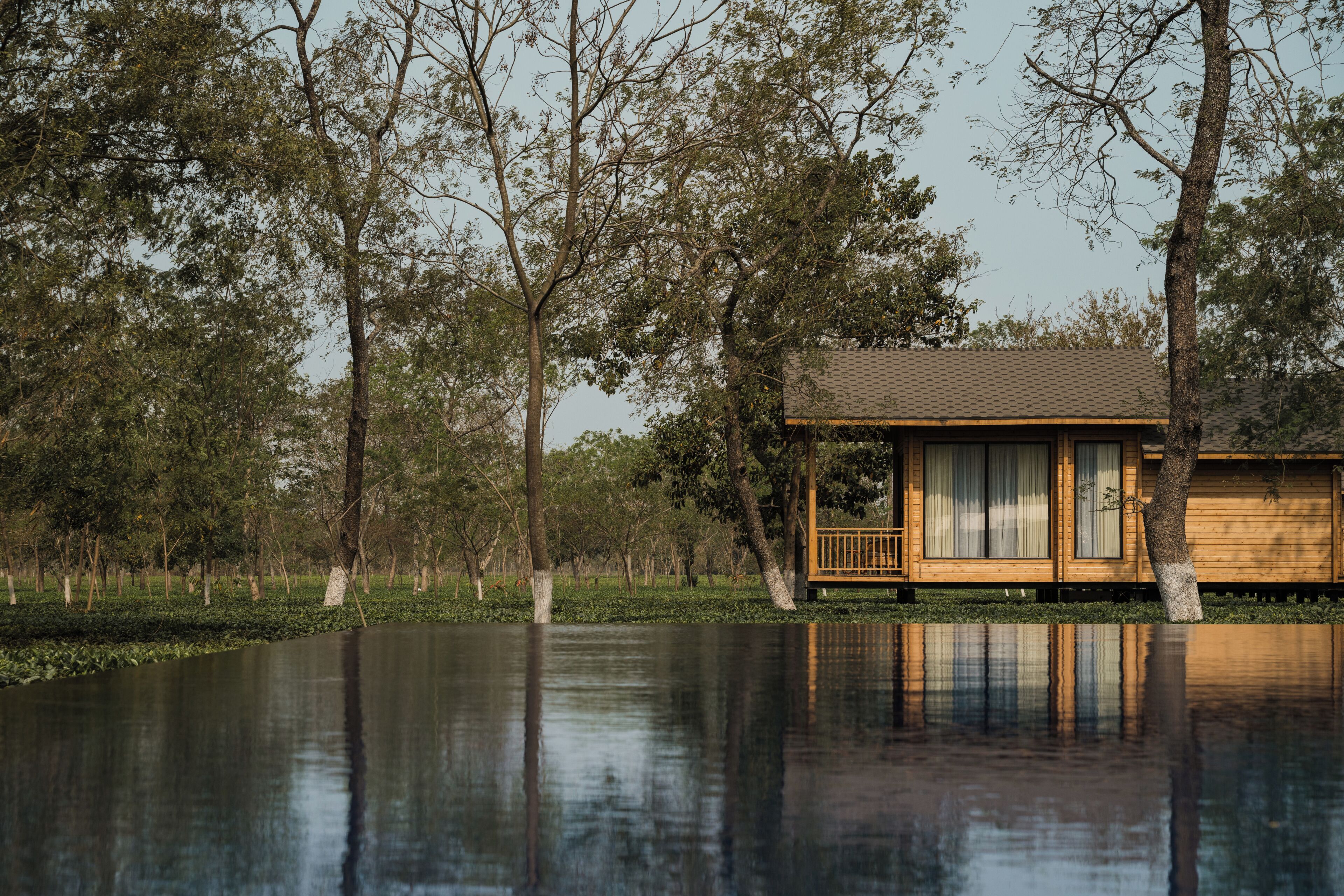 A wooden cabin with a balcony, surrounded by trees and a body of water.