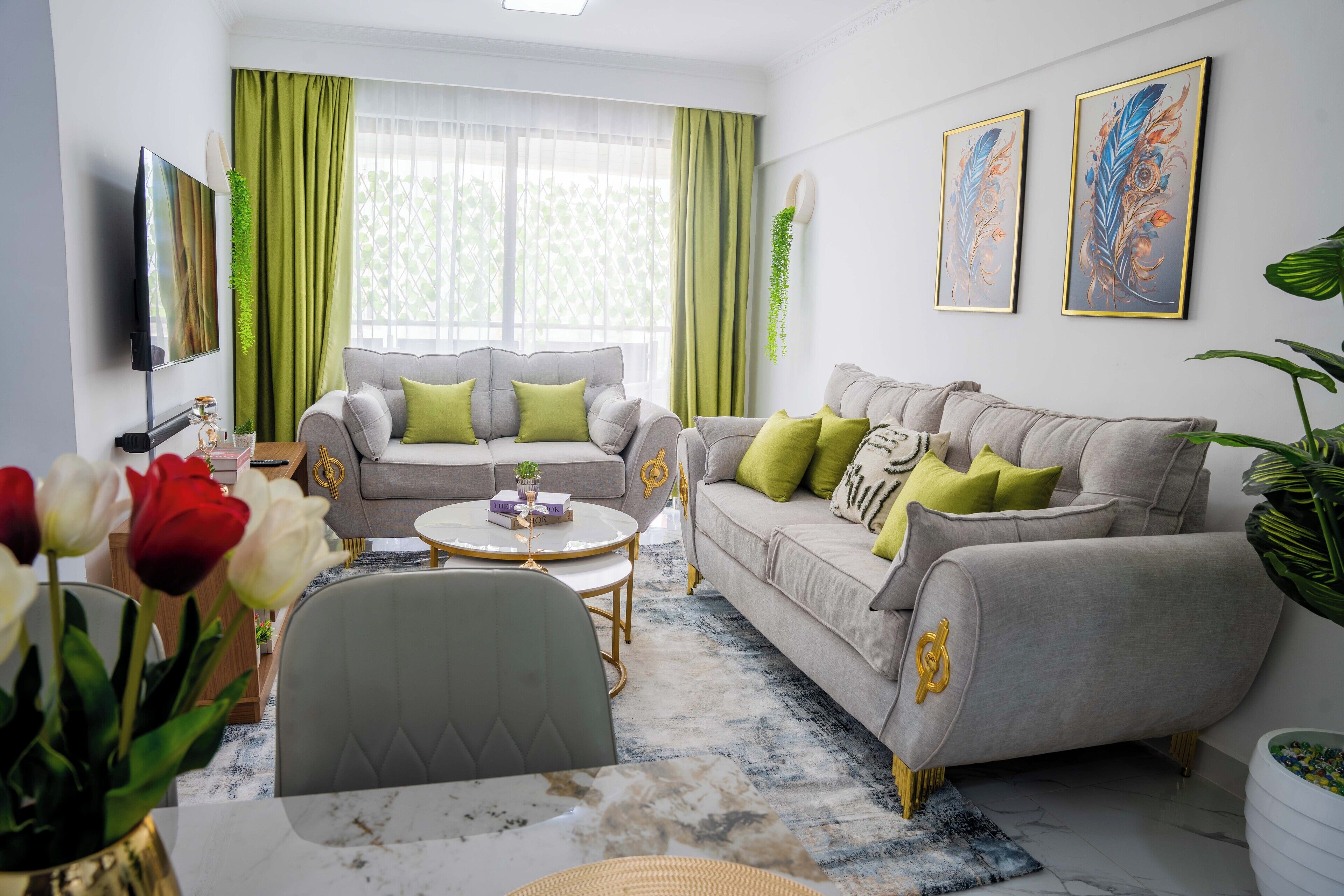 A modern living room with two sofas, a coffee table, and a TV.