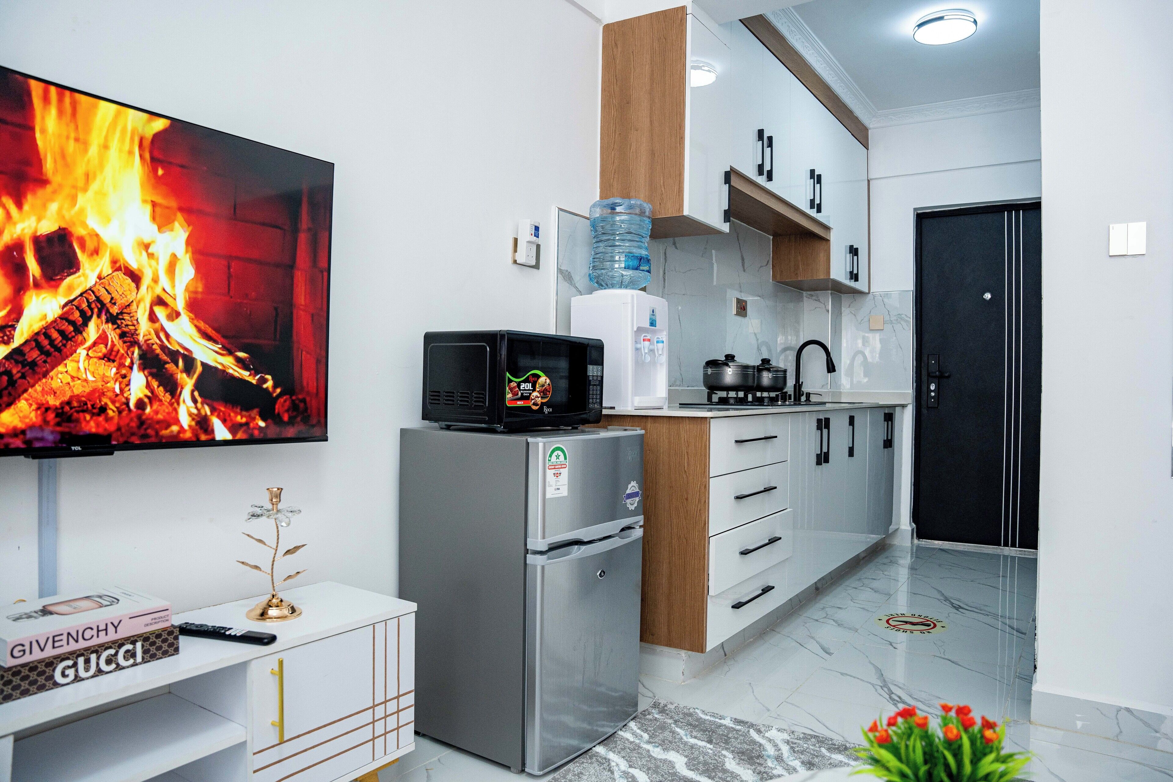 Studio Superior - 1 kingsize-säng - utsikt mot staden | Eget kök | Stort kylskåp, mikrovågsugn, spishäll och grytor/köksredskap