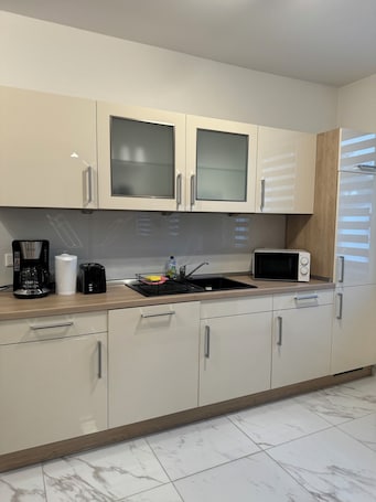 Kühlschrank, Mikrowelle, Ofen, Herdplatte. Stilvolle Wohnung in zentraler Lage
