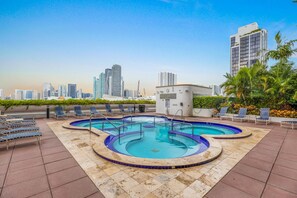 A rooftop pool with a city skyline in the background. - Opal Crush Water View-host Covers Service Fees (Miami)