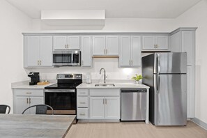 A modern kitchen with white cabinets, stainless steel appliances, and a dishwasher.