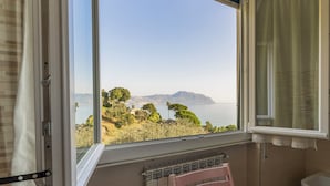 Une salle de bain dotée d’une grande fenêtre donnant sur un paysage côtier, avec des arbres et une montagne visible au loin.