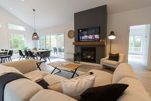 TV, fireplace, table football