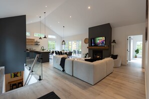 TV, fireplace, foosball