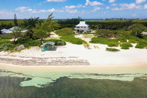 On the beach, sun-loungers, beach towels