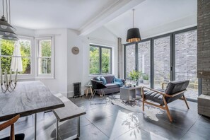 TV, fireplace, books, stereo