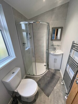 Ein modernes Badezimmer mit Duschkabine aus Glas, Toilette, Waschbecken und Spiegel.