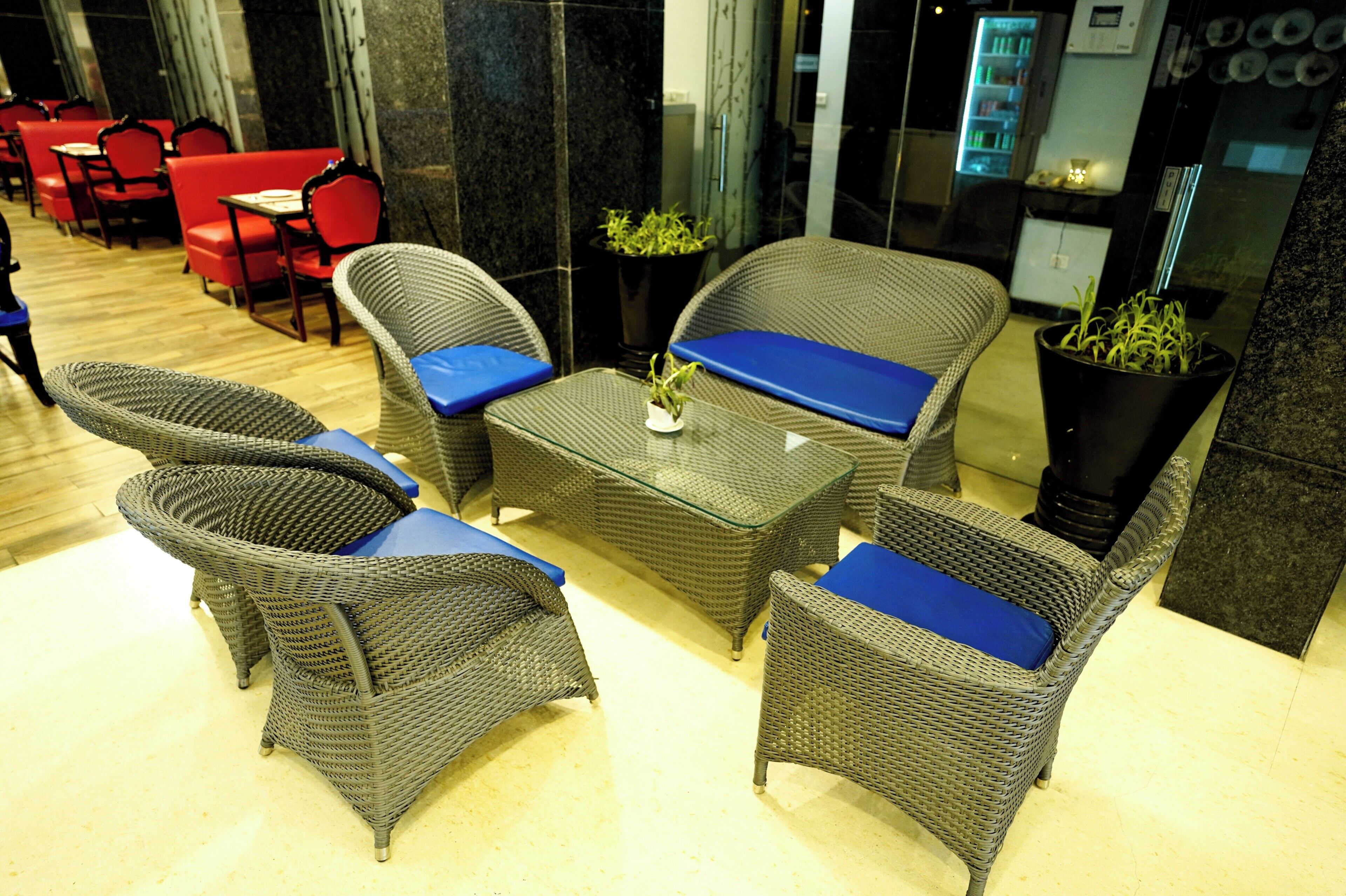A seating area with wicker furniture and blue cushions, a small table with a plant, and a potted plant beside the table.