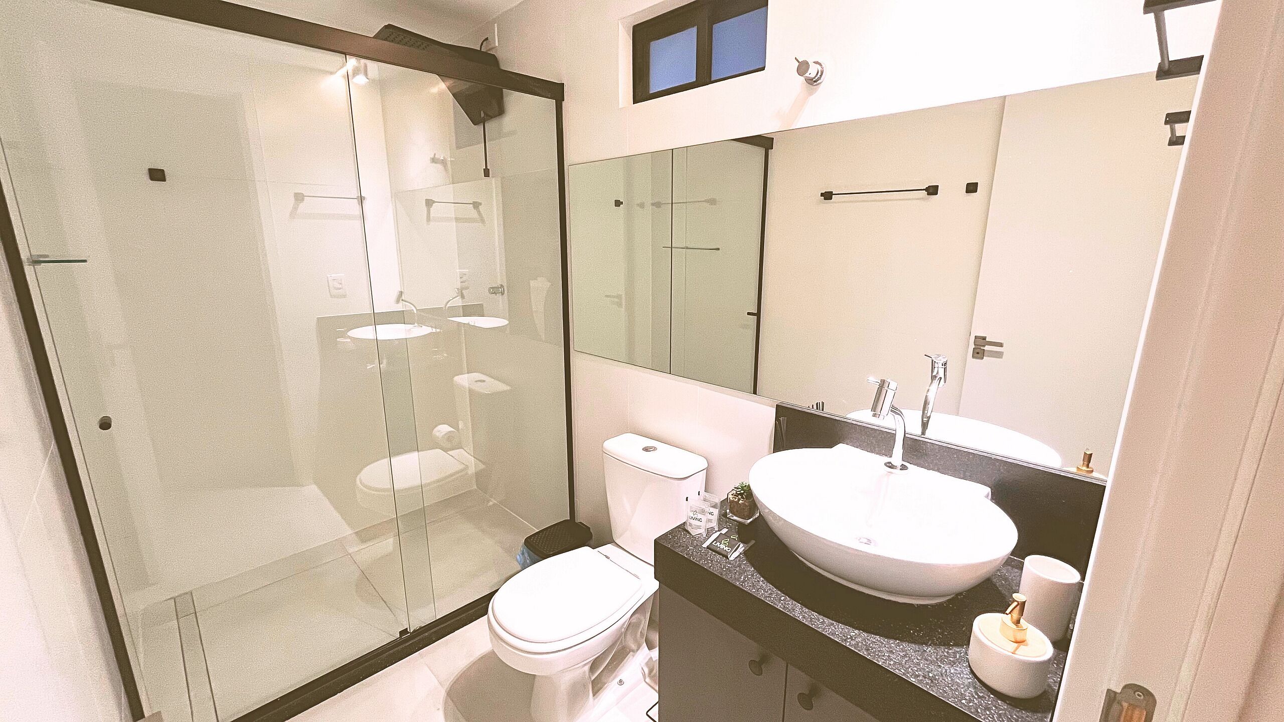 A modern bathroom with a glass-enclosed shower, a white toilet, a sink with a vanity, and a large mirror.