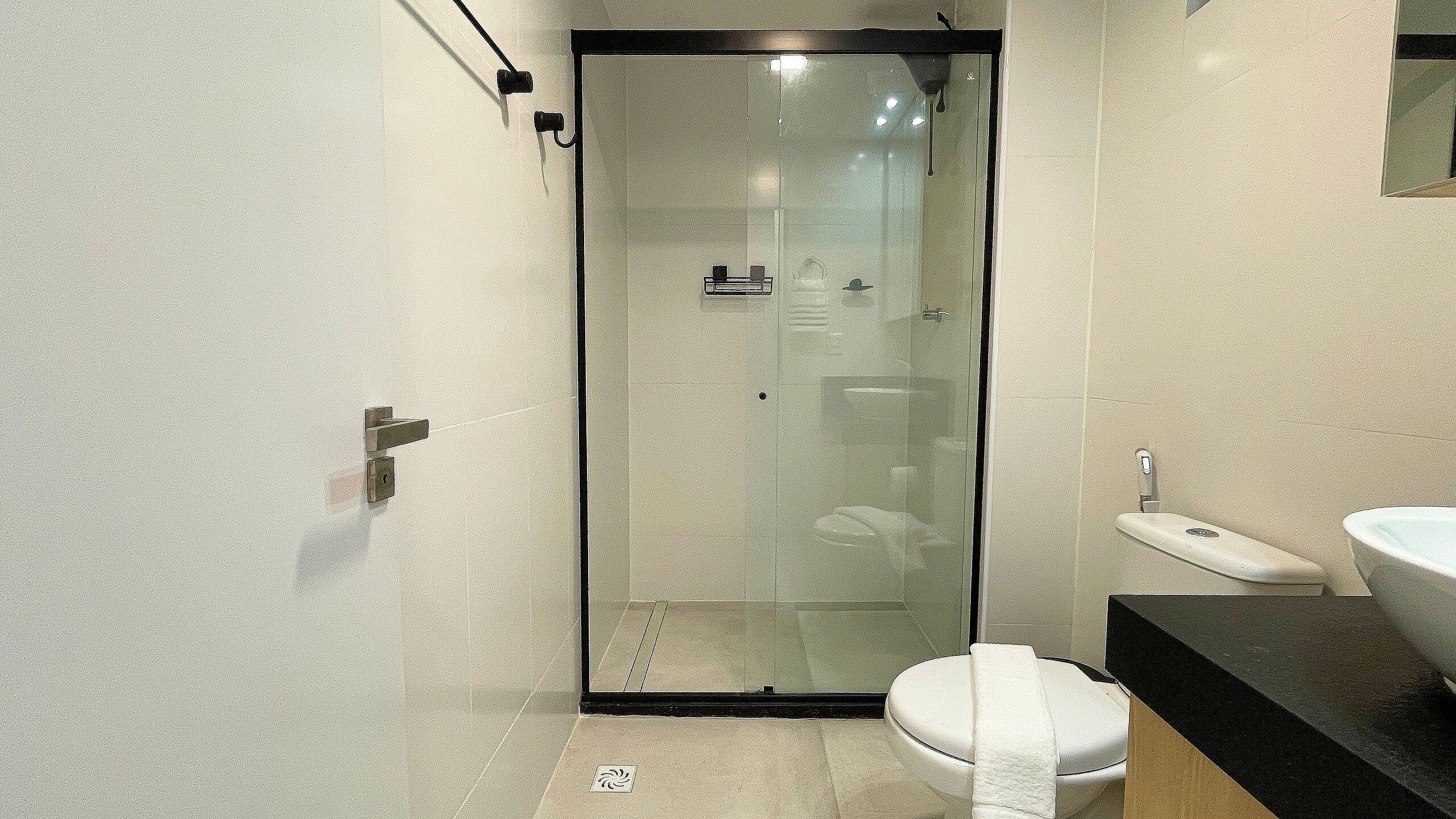 A modern bathroom with a glass shower enclosure, a toilet, and a sink.