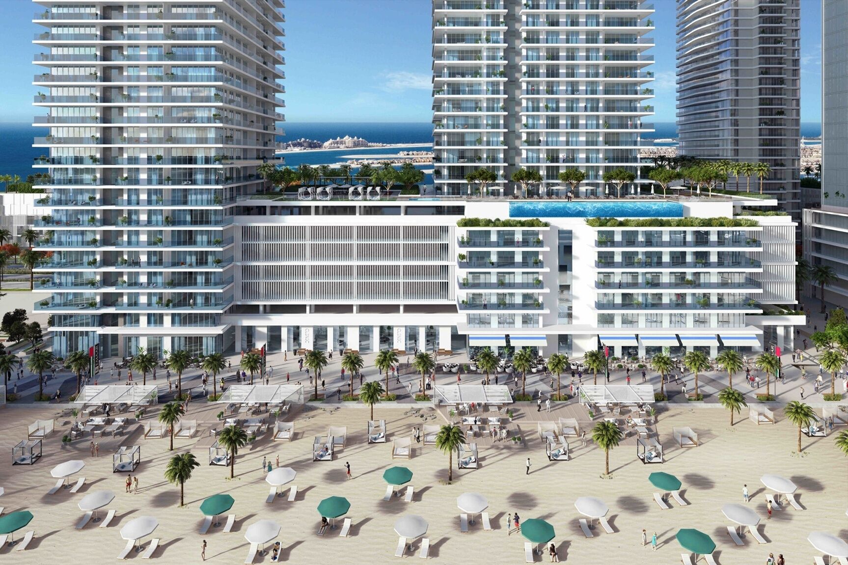 A modern hotel with multiple floors, a rooftop pool, and a beachfront area with sun loungers.