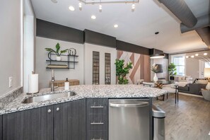 A modern kitchen with a granite countertop, stainless steel appliances, and a built-in dishwasher. - 4 OTR Suites | Skyline Balconies | Sleeps 10 (Cincinnati)