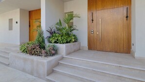Une entrée moderne avec une porte en bois, des marches et un bac à fleurs contenant diverses plantes.