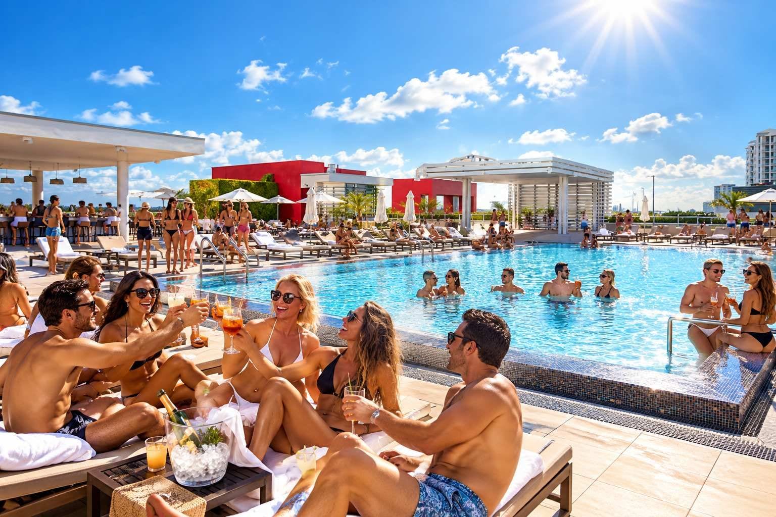A pool area with lounge chairs, a bar, and a red building in the background.