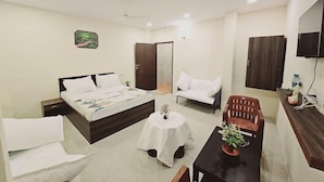 Habitación de hotel con cama, sofá, una mesita con una planta y televisión en la pared.