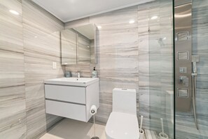 Shower, hair dryer, towels