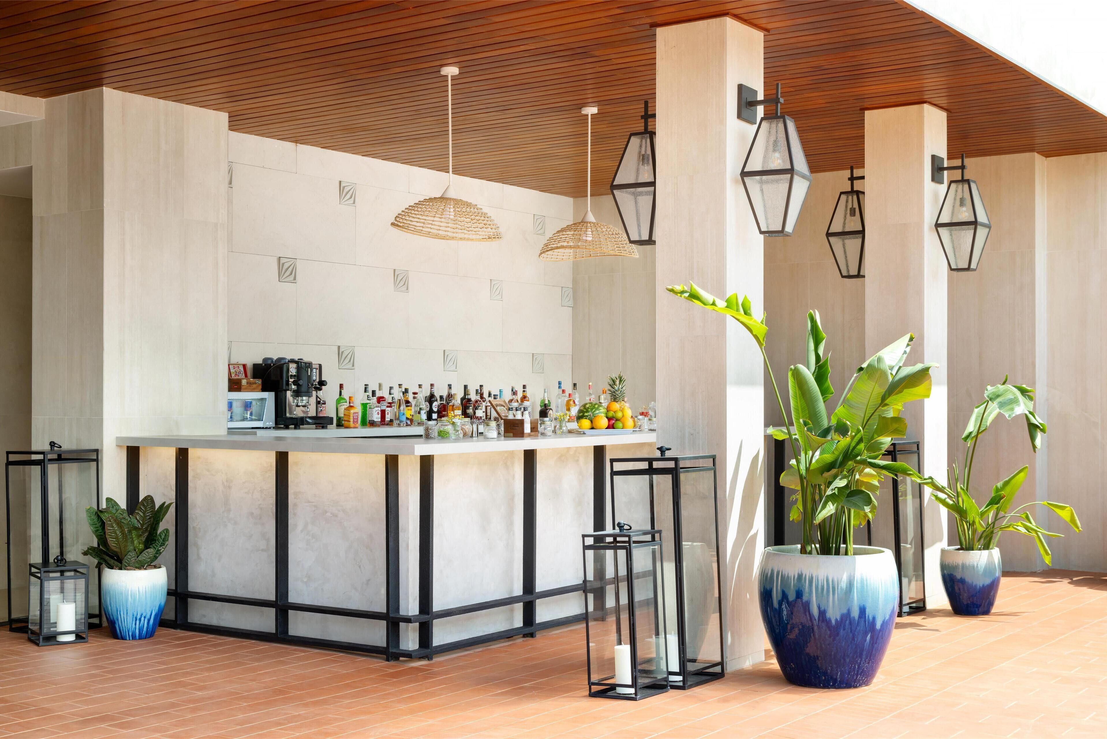A bar area with a counter, bottles, and potted plants.