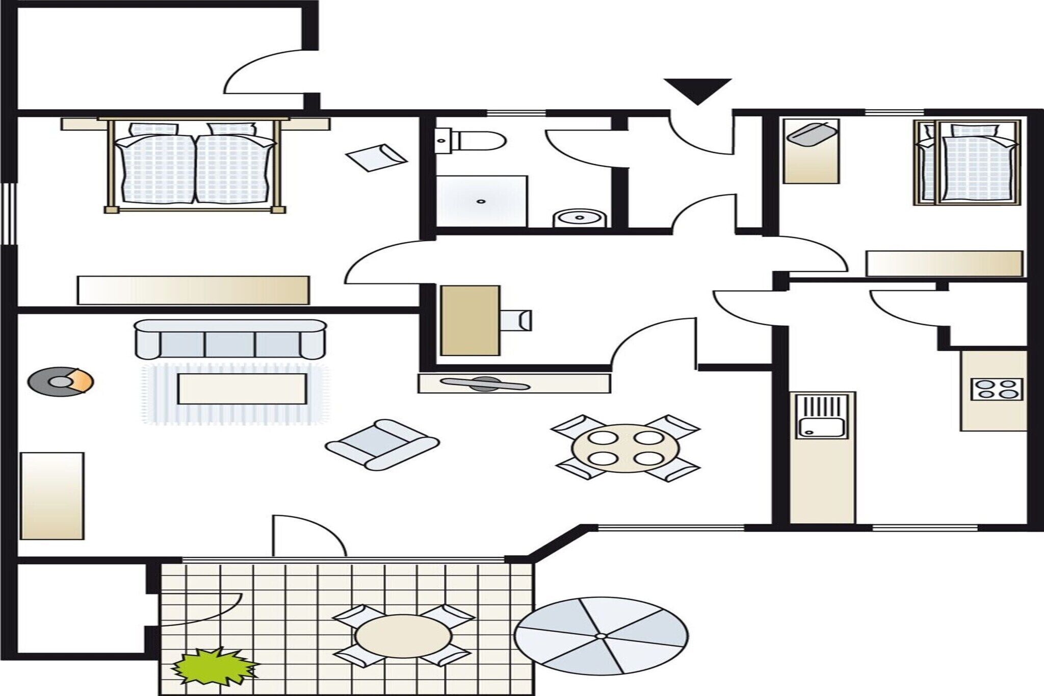 Plano de una habitación de hotel que incluye una cama, baño, kitchenette, zona de comedor y un pequeño balcón.