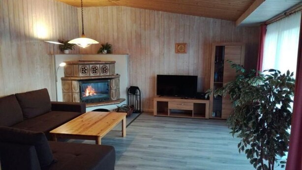En hyggelig stue med pejs, sofa, fjernsyn og en stor plante.