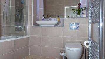 Hair dryer, towels, soap, toilet paper