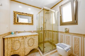 Shower, hair dryer, towels