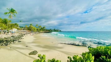 On the beach, sun-loungers, beach towels