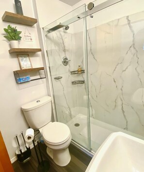Shower, hair dryer, towels, soap