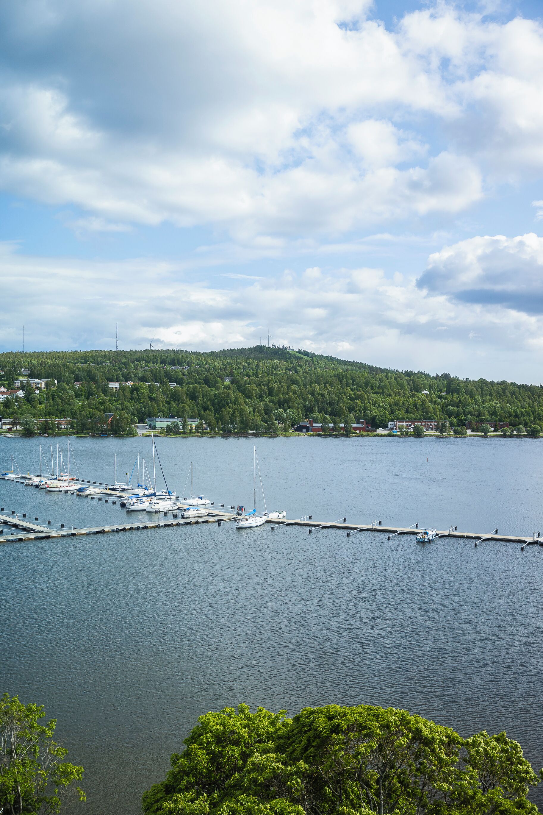 A marina with boats docked, surrounded by a forested hillside and a clear sky.