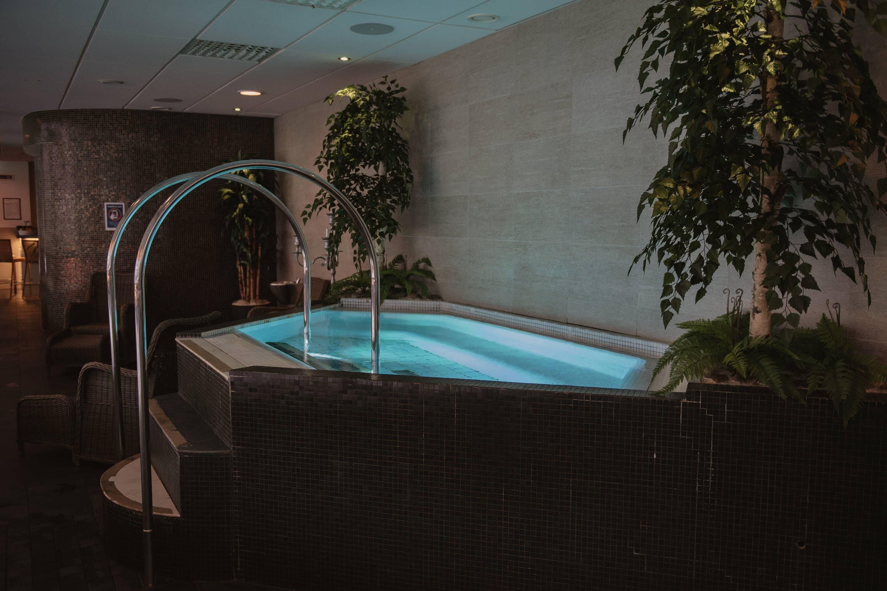 A spa area with a hot tub, seating, and indoor plants.