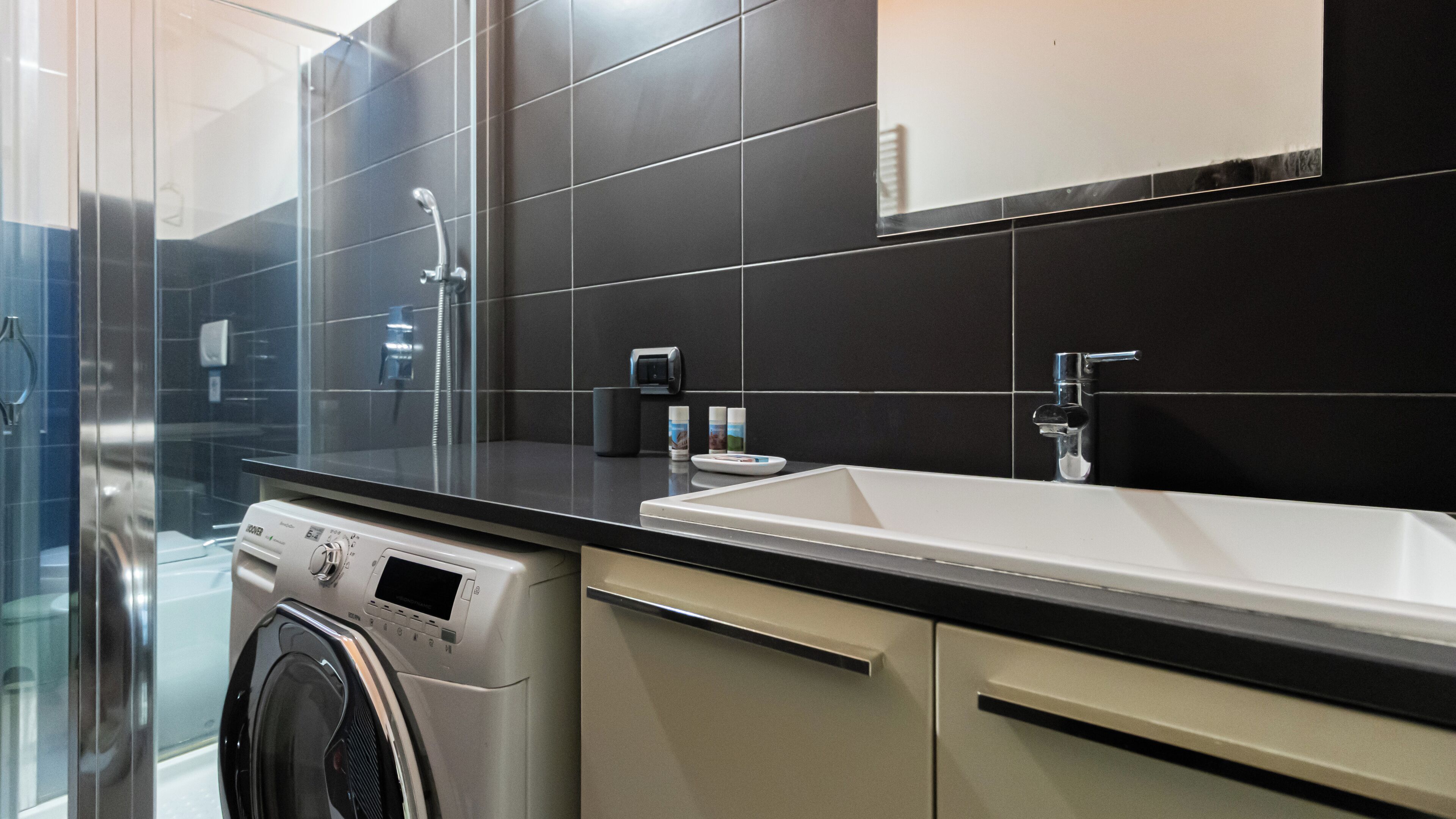 A modern bathroom with a large sink, a glass shower enclosure, and a washing machine.
