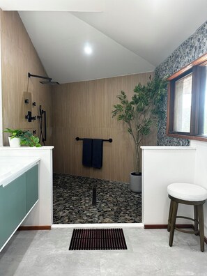 Douche, sèche-cheveux, serviettes fournies, savon
