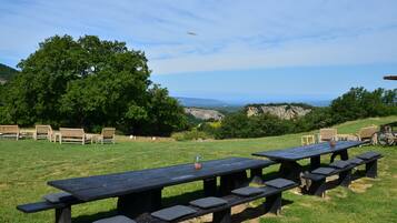 A picnic area with wooden tables and benches, surrounded by trees and a view of distant hills.