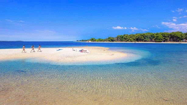 A beach with clear shallow waters, a sandy shore, and a distant forested island. - Apartments in Pula/istrien 11169 (Pula)