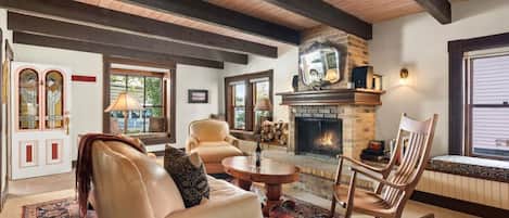 TV, fireplace, books