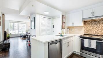 Fridge, microwave, oven, toaster