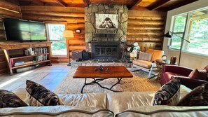 TV connectée, cheminée, lecteur de DVD, livres