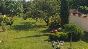 Un jardín bien cuidado con diversos árboles y arbustos, un sendero y un farol.