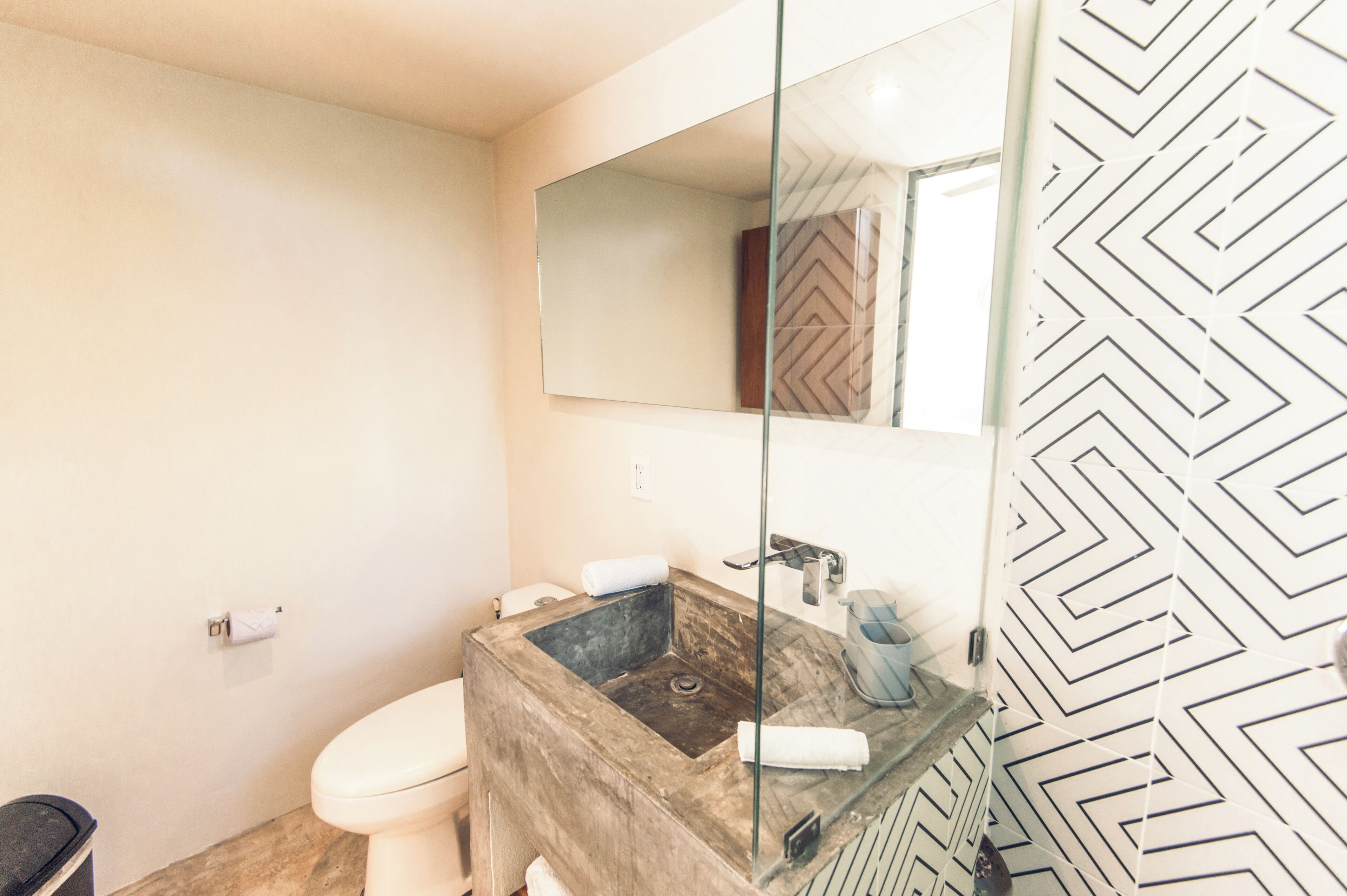 Une salle de bain avec un lavabo en bois, des toilettes et un miroir.