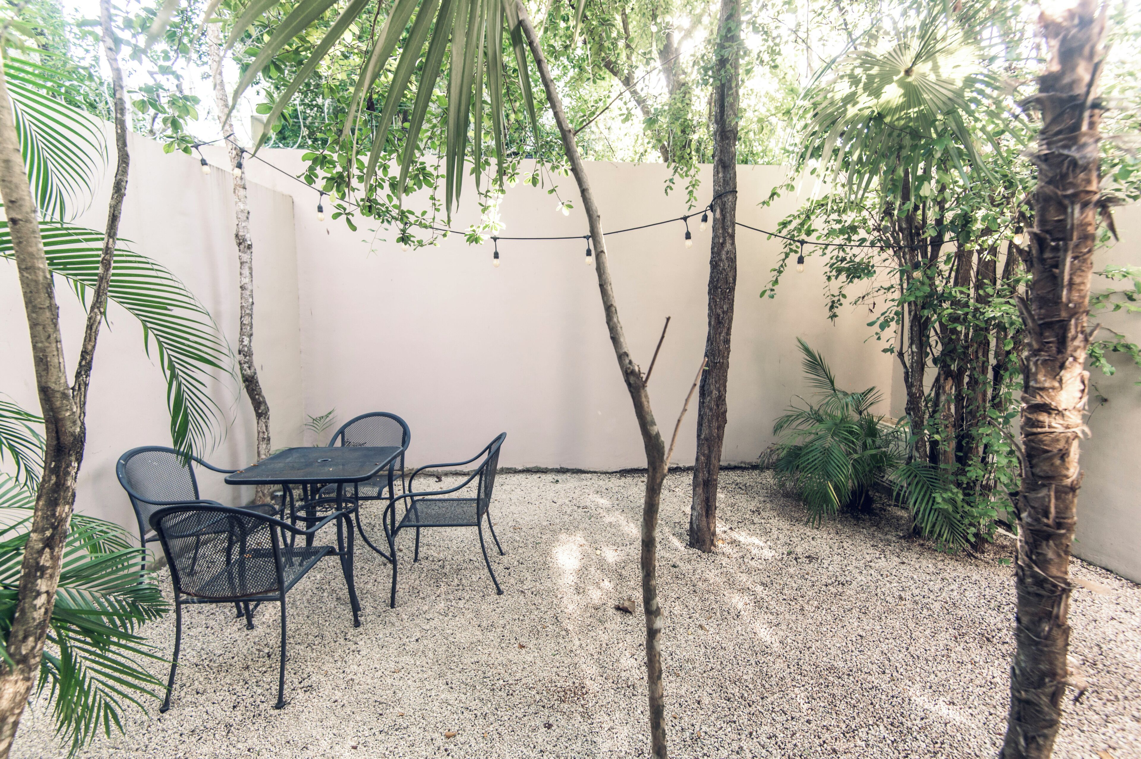 Un espacio al aire libre con mesa y sillas, rodeado de árboles y plantas.