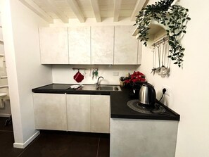 Fridge, stovetop, dishwasher, coffee/tea maker